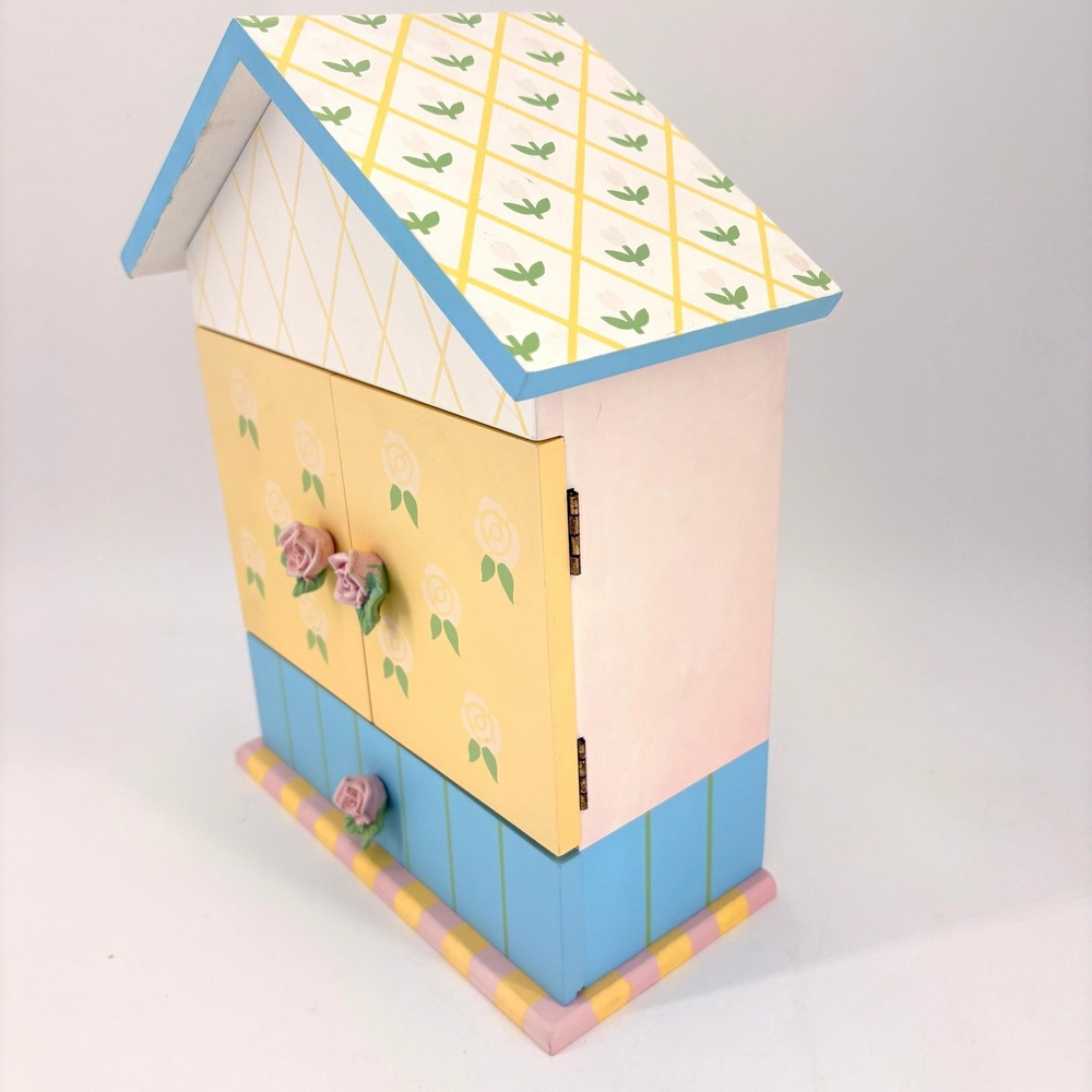 Hand Painted Wooden House Jewelry Box Trinket Storage with Roses Cottagecore 90s - Picture 7 of 10